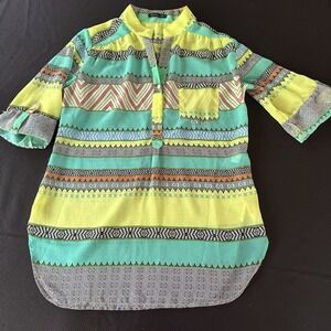 CALS Semi Sheer Blouse Womens Medium Tab Sleeves V-Neck Pleat In Back